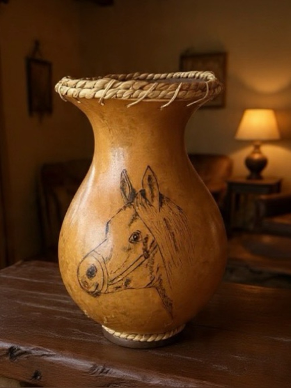 Vintage Horse Gourd Art Vase Midcentury Hand Made Western Rustic